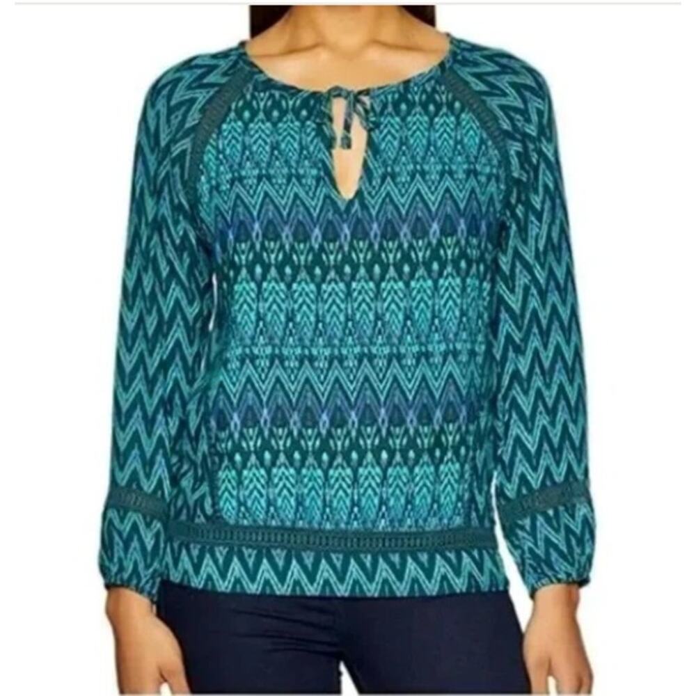 Prana Tacana Peasant Top Womens Large Teal Tie Neck Crochet Boho Modal Blouse